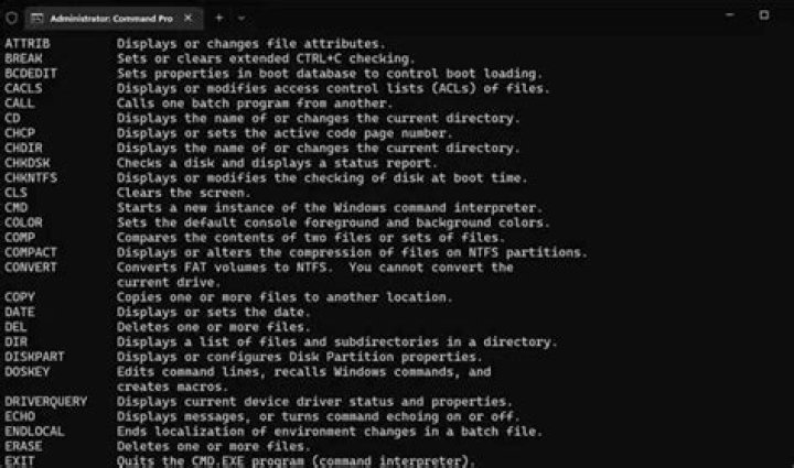 Which are the list of commands that appear on the screen?